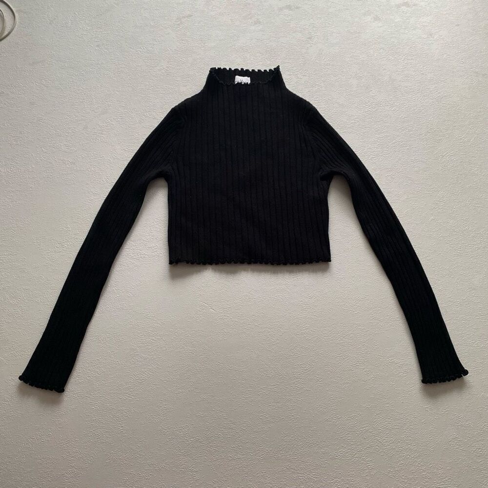 Polly Black Ribbed Mock Neck Long Sleeve Crop Top Size Small Fitted Stretch